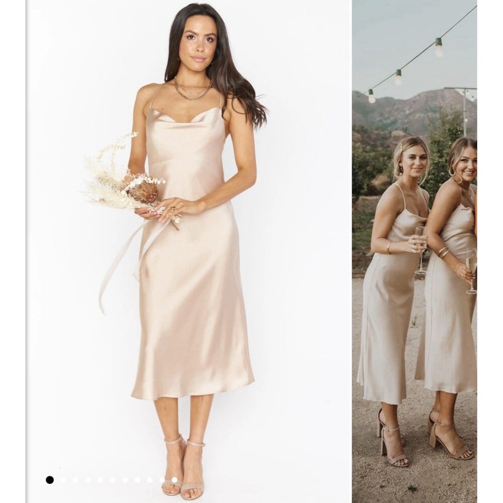 Show Me Your Mumu Midi Dress Women's Size Medium Verona Cowl Champagne Satin